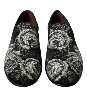 Dolce & Gabbana Black Floral Slippers Men Loafers Dress Shoes