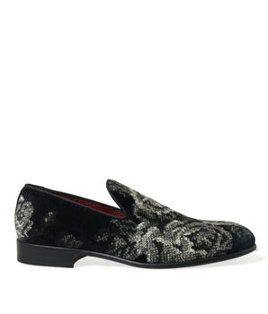 Dolce & Gabbana Black Floral Slippers Men Loafers Dress Shoes