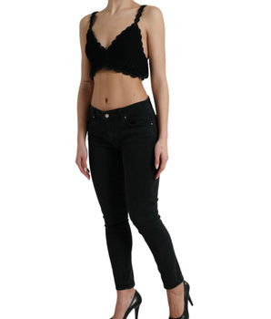 Dolce & Gabbana Black Cotton Bustier Cropped Crochet Tank Top