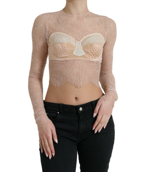 Dolce & Gabbana Beige Nylon Floral Lace Bustier Cropped Top