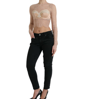 Dolce & Gabbana Beige Nylon Floral Lace Bustier Cropped Top