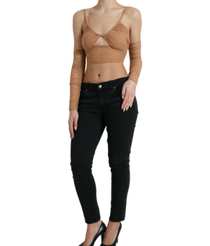 Dolce & Gabbana Brown Nylon Stretch Open Shoulder Cropped Top