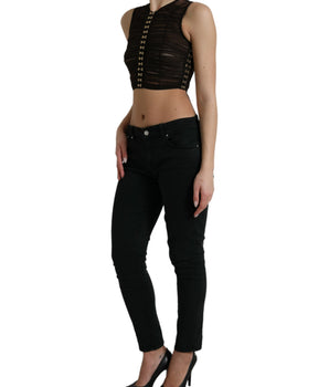 Dolce & Gabbana Brown Embellished Nylon Stretch Cropped Top