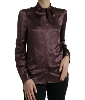 Dolce & Gabbana Brown Silk Ascot Collar Long Sleeve Blouse Top