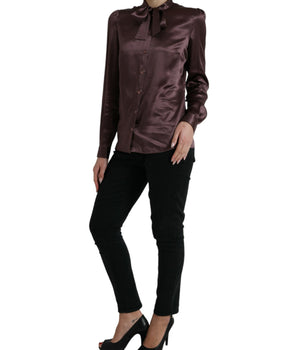 Dolce & Gabbana Brown Silk Ascot Collar Long Sleeve Blouse Top