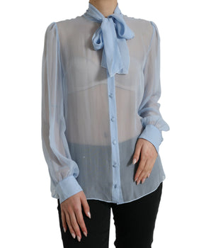 Dolce & Gabbana Blue Long Sleeves Ascot Collar Blouse Top