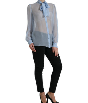 Dolce & Gabbana Blue Long Sleeves Ascot Collar Blouse Top