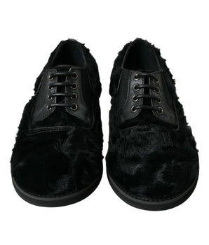 Dolce & Gabbana Black Fur Leather Lace Up Derby Dress Shoes