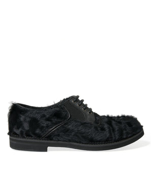 Dolce & Gabbana Black Fur Leather Lace Up Derby Dress Shoes