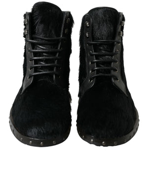 Dolce & Gabbana Black Pony Style Leather Mid Calf Boots Shoes