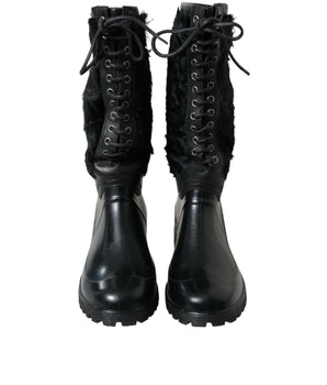 Dolce & Gabbana Black Rubber Lace Up Shearling Rain Boots Shoes