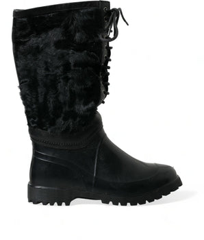 Dolce & Gabbana Black Rubber Lace Up Shearling Rain Boots Shoes