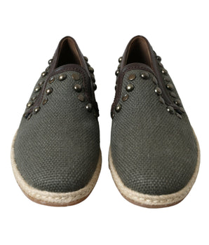 Dolce & Gabbana Gray Linen Leather Studded Loafers Shoes