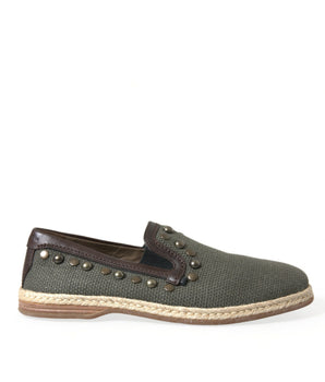 Dolce & Gabbana Gray Linen Leather Studded Loafers Shoes