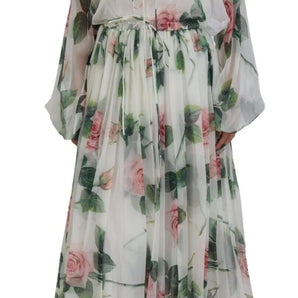 Dolce & Gabbana Elegant White Silk Maxi Dress with Pink Roses