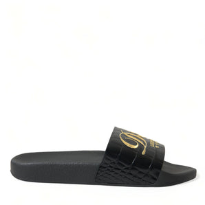 Dolce & Gabbana Elegant Black and Gold Leather Slides