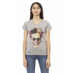 Trussardi Action Elegante camiseta gris con cuello de pico y estampado frontal