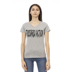 Trussardi Action Elegante camiseta gris con cuello de pico y estampado chic