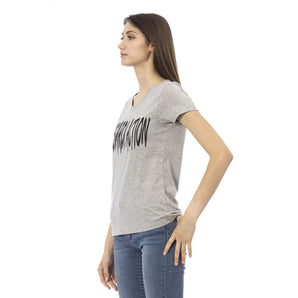 Trussardi Action Elegante camiseta gris con cuello de pico y estampado chic