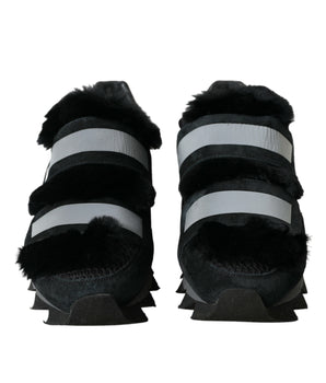 Dolce & Gabbana Black Fur Embellished Suede Sneakers Shoes