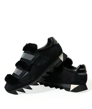 Dolce & Gabbana Black Fur Embellished Suede Sneakers Shoes