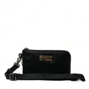 Dolce &amp; Gabbana Elegant Black Nylon Leather Pouch with Silver Details