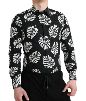 Dolce & Gabbana Black Leaf Cotton Men Formal GOLD Dress Shirt