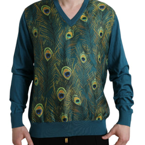 Dolce &amp; Gabbana Silk V-Neck Peacock Feather Sweater