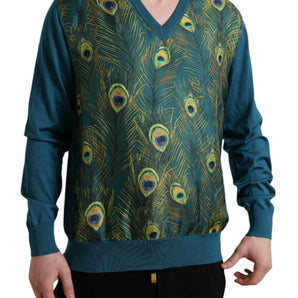 Dolce & Gabbana Silk V-Neck Peacock Feather Sweater