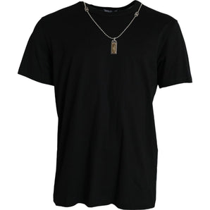 Dolce &amp; Gabbana Elegant Black Cotton Crewneck Tee with Dog Tag Detail