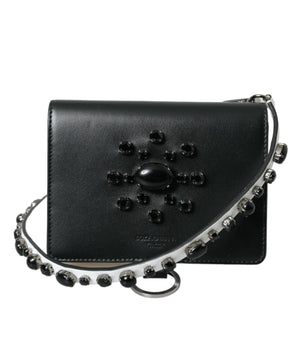 Dolce &amp; Gabbana Black White Leather Crystal Embellished Cardholder Wallet