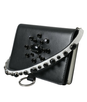 Dolce &amp; Gabbana Black White Leather Crystal Embellished Cardholder Wallet