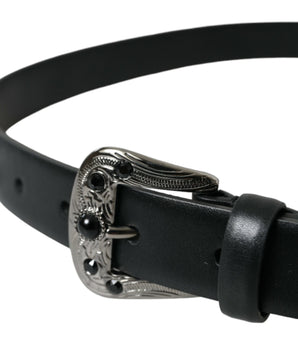 Dolce & Gabbana Black Embellished Leather Engraved Buckle Belt