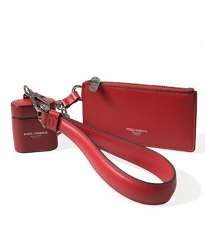 Dolce & Gabbana Red Leather Silver Metal Logo Strap Pouch Airpods Case