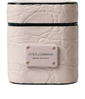 Dolce &amp; Gabbana Light Pink Calf Leather Metal Logo Plaque Airpods Case