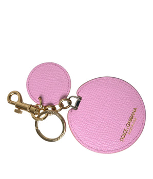 Dolce & Gabbana Pink Calf Leather Gold Metal Logo Print Keyring Keychain