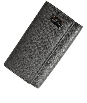 Dolce & Gabbana Gray Leather Silver Metal Logo Plaque Trifold Keyring