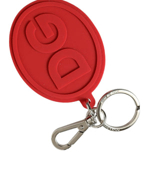 Dolce &amp; Gabbana Red Rubber DG Logo Silver Brass Metal Keyring Keychain
