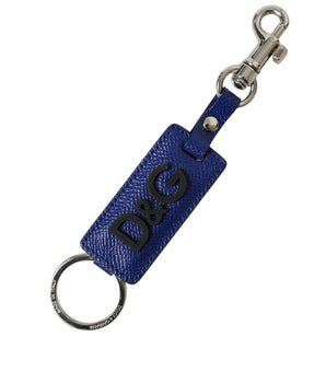 Dolce &amp; Gabbana Blue Calf Leather DG Logo Silver Brass Keyring Keychain