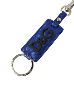 Dolce &amp; Gabbana Blue Calf Leather DG Logo Silver Brass Keyring Keychain