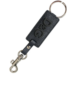 Dolce & Gabbana Black Calf Leather DG Logo Silver Brass Keyring Keychain