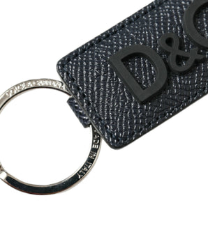 Dolce & Gabbana Black Calf Leather DG Logo Silver Brass Keyring Keychain