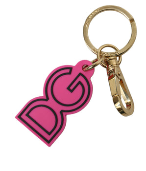 Dolce &amp; Gabbana Pink Rubber Gold Tone Metal DG Logo Keyring Keychain