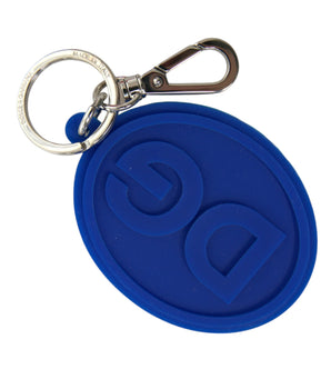 Dolce &amp; Gabbana Blue Rubber DG Logo Silver Brass Metal Keyring Keychain