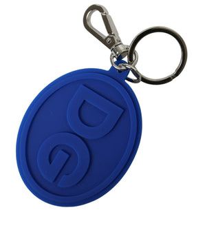 Dolce &amp; Gabbana Blue Rubber DG Logo Silver Brass Metal Keyring Keychain