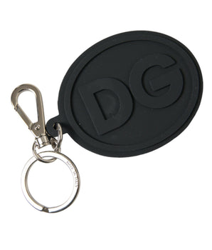Dolce &amp; Gabbana Black Rubber DG Logo Silver Brass Metal Keyring Keychain