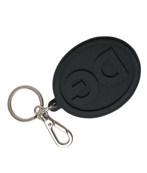 Dolce &amp; Gabbana Black Rubber DG Logo Silver Brass Metal Keyring Keychain