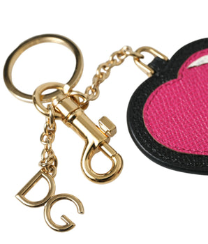 Dolce & Gabbana Pink Black Heart Leather Gold Tone Brass Keyring Keychain