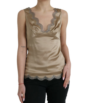 Dolce & Gabbana Brown Lace Trim V-neck Sleeveless Tank Top