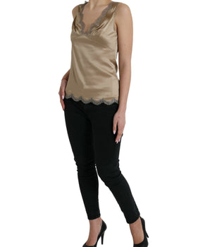 Dolce & Gabbana Brown Lace Trim V-neck Sleeveless Tank Top